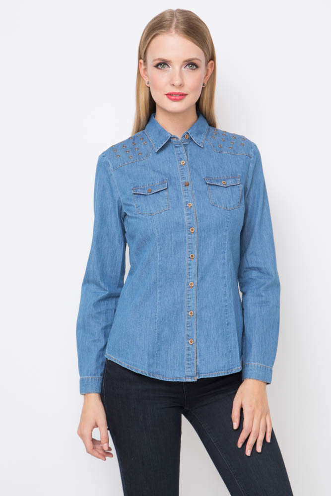 Рубашка женская - джинс с декоративной отделкой