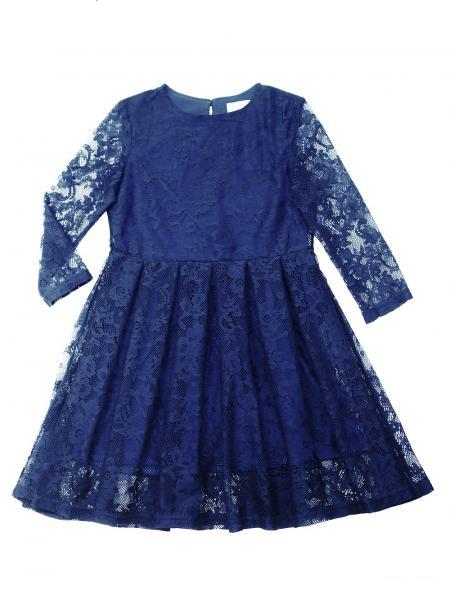 Нарядное платье для девочки синее с гипюром + жемчужный воротничок в подарок